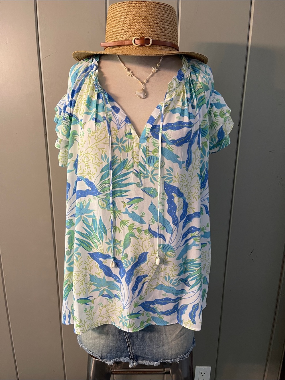 Rose Olive Blouse Top Blue Green White Whimsical Sea Horse Whales Coastal Floral - Picture 3 of 9